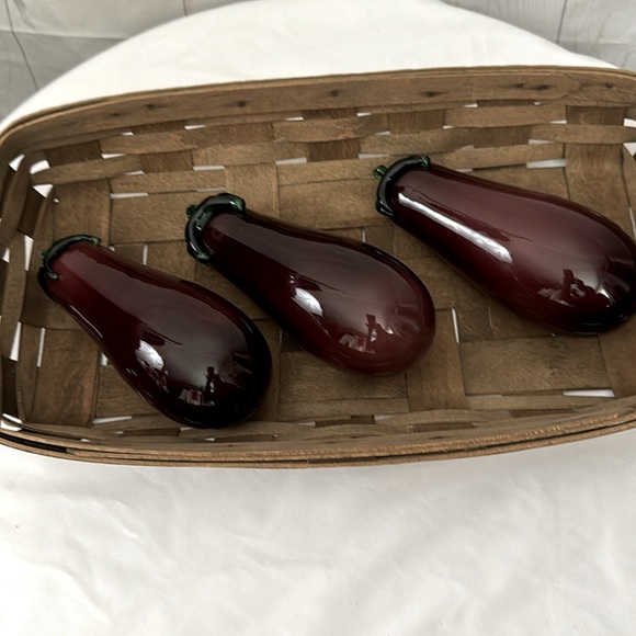 Art Glass Handblown Eggplants in Woven Flat Stake Basket - Picture 9 of 9